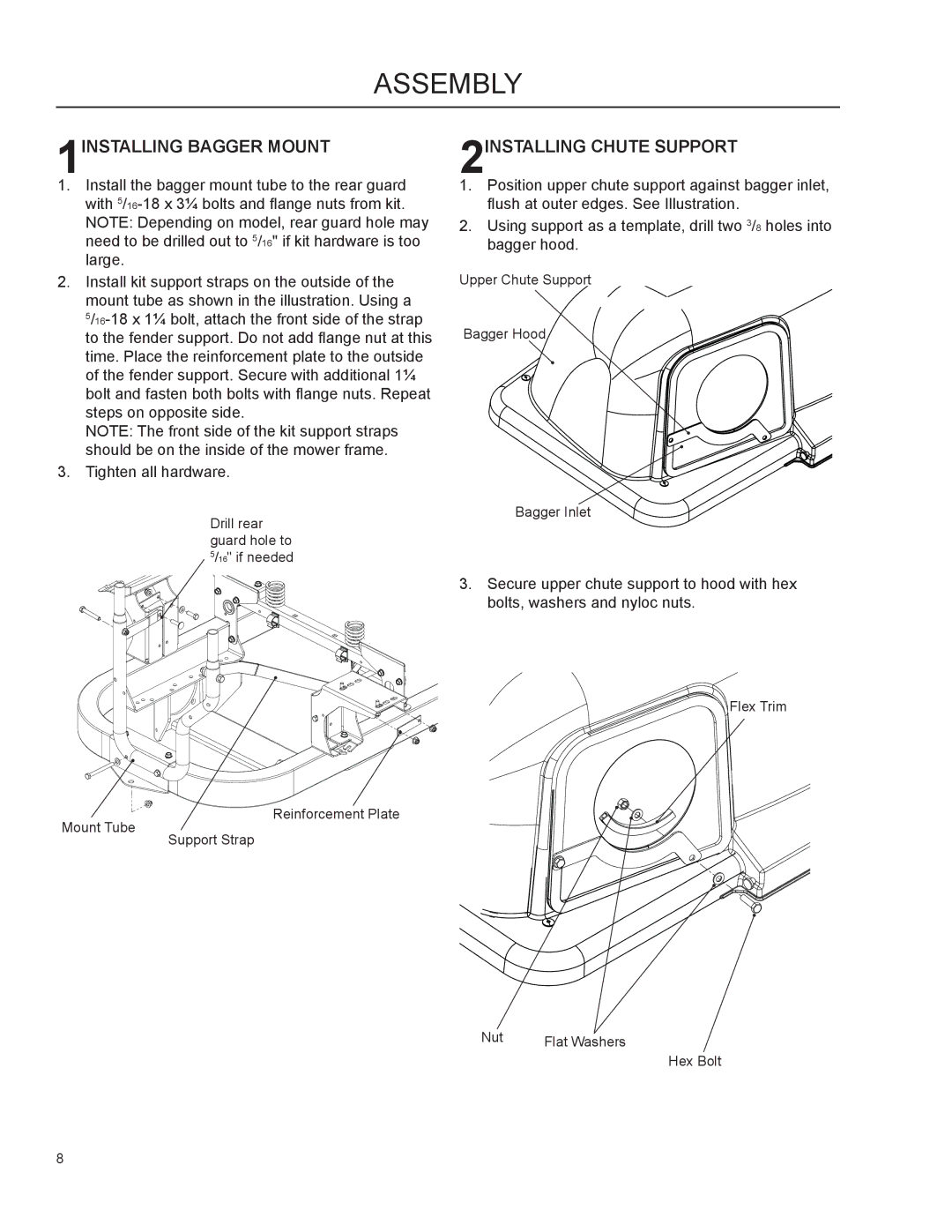 Dixon 966 004201 manual Assembly, 1INSTALLING Bagger Mount, 2INSTALLING Chute Support 