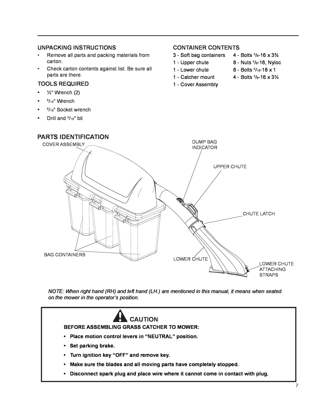 Dixon 966 004201 manual Parts Identification, Unpacking Instructions, Tools Required, Container Contents 