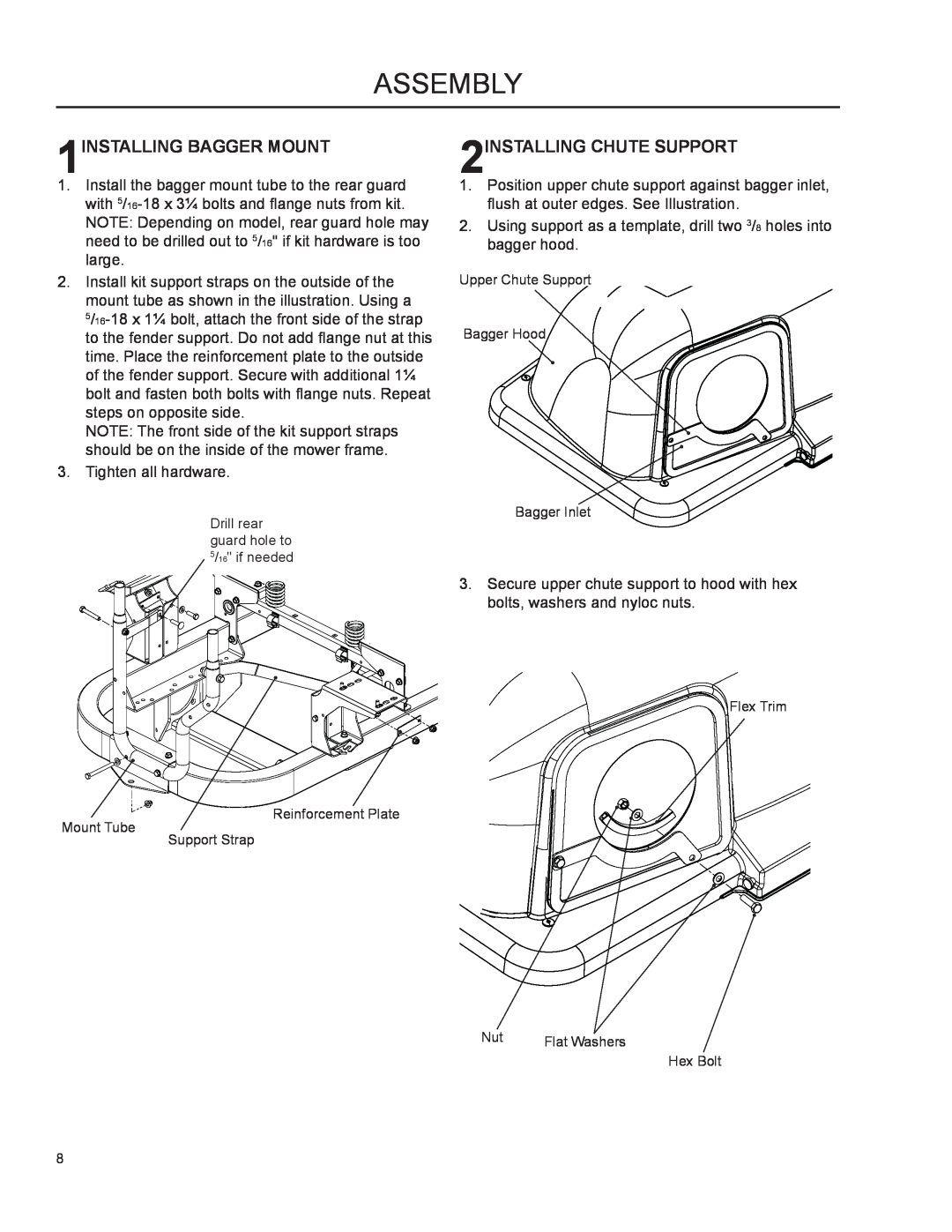 Dixon 966 004201 manual Assembly, 1INSTALLING BAGGER MOUNT, 2INSTALLING CHUTE SUPPORT 