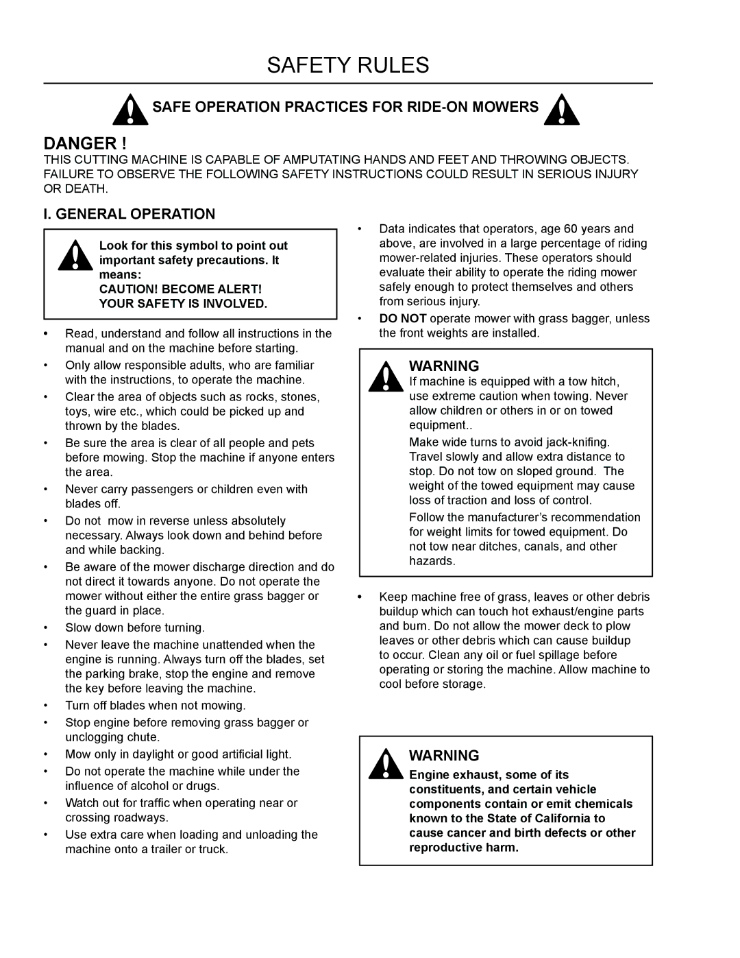 Dixon 115 150227, 966 004301 manual Safety Rules, Safe Operation Practices for RIDE-ON Mowers, General Operation 