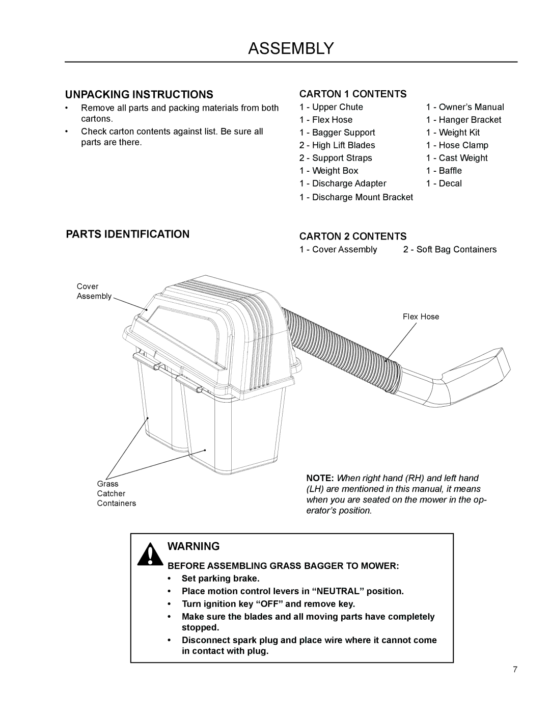 Dixon 966 004301, 115 150227 Assembly, Unpacking Instructions, Parts Identification, Carton 1 Contents, Carton 2 Contents 