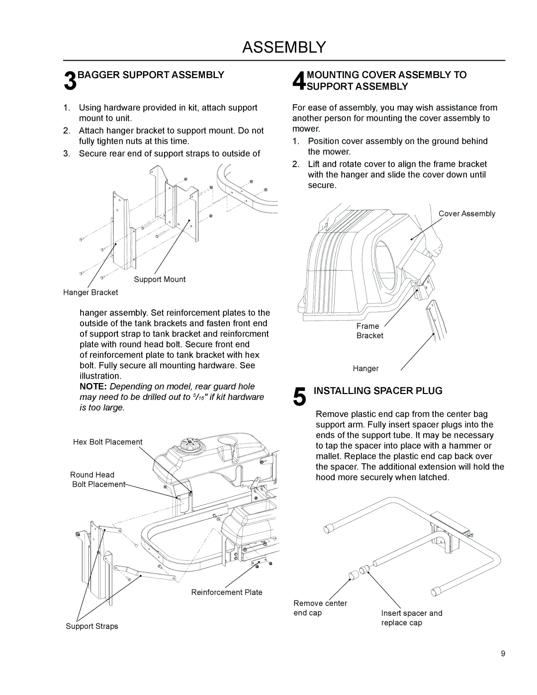 Dixon 966 004301 manual 3BAGGER Support Assembly, 4MOUNTING Cover Assembly to Support Assembly, Installing Spacer Plug 