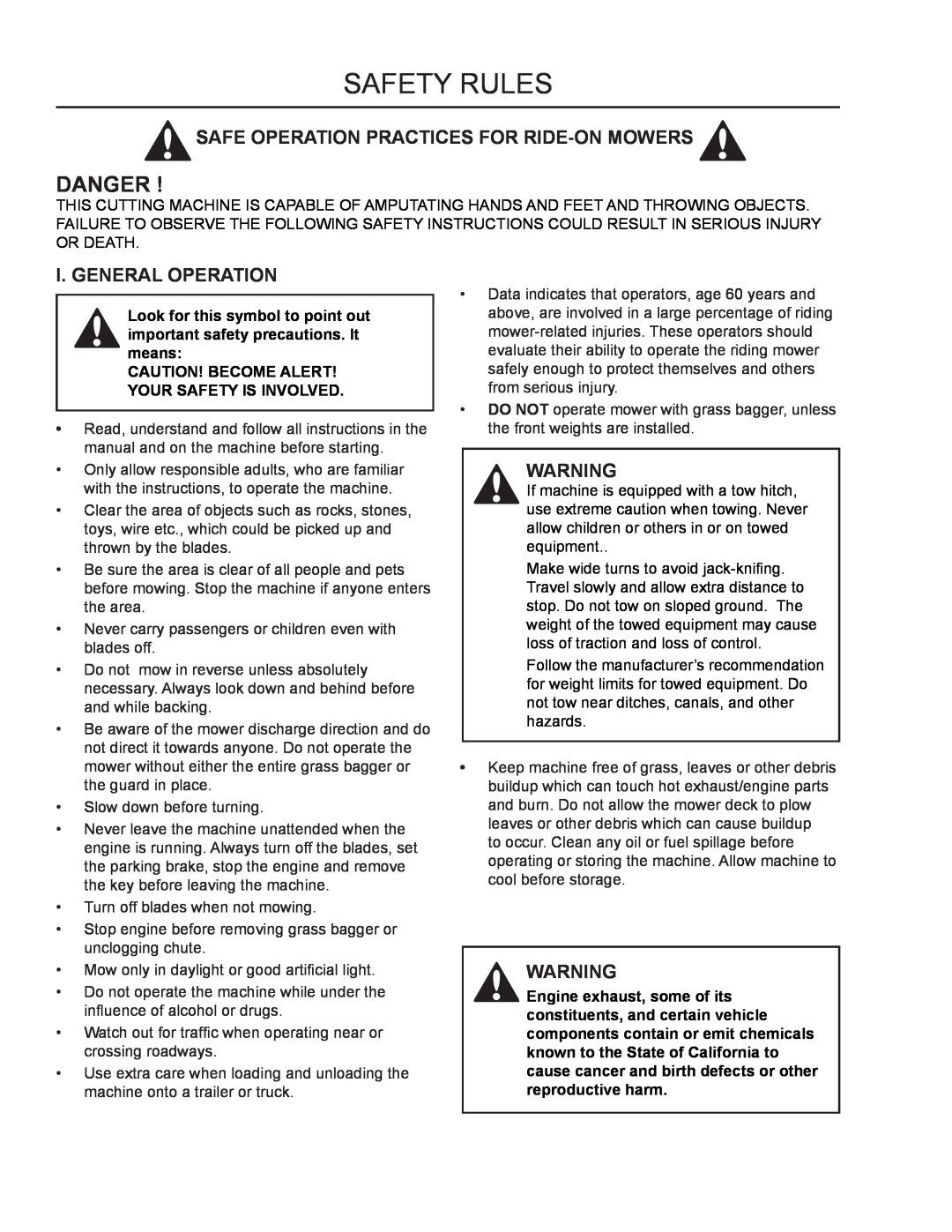 Dixon 115 150227, 966 004301 manual Safety Rules, Safe Operation Practices For Ride-On Mowers, I. General Operation, Danger 