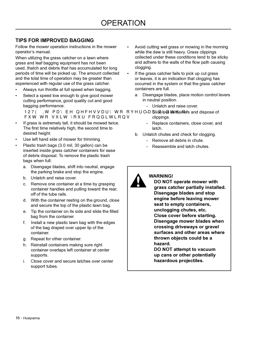 Dixon 966 004901 manual Operation, Tips for Improved Bagging 