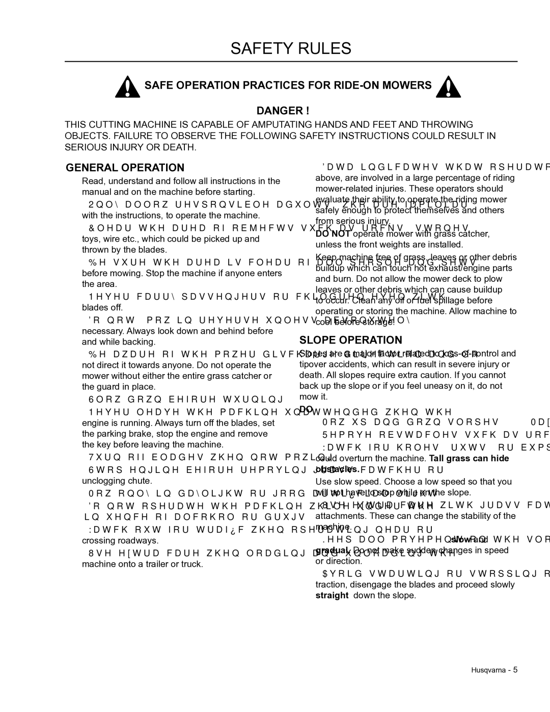 Dixon 966 004901 manual Safety Rules, Safe Operation Practices for RIDE-ON Mowers, General Operation, Slope Operation 