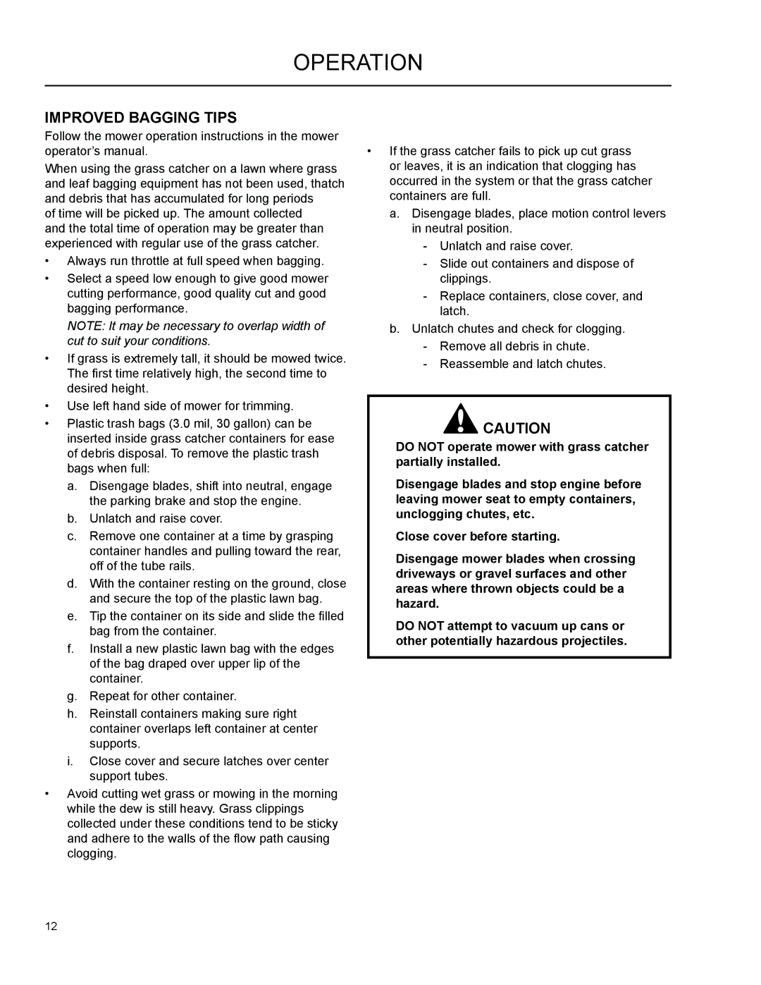 Dixon 966004101 manual Operation, Improved Bagging Tips 