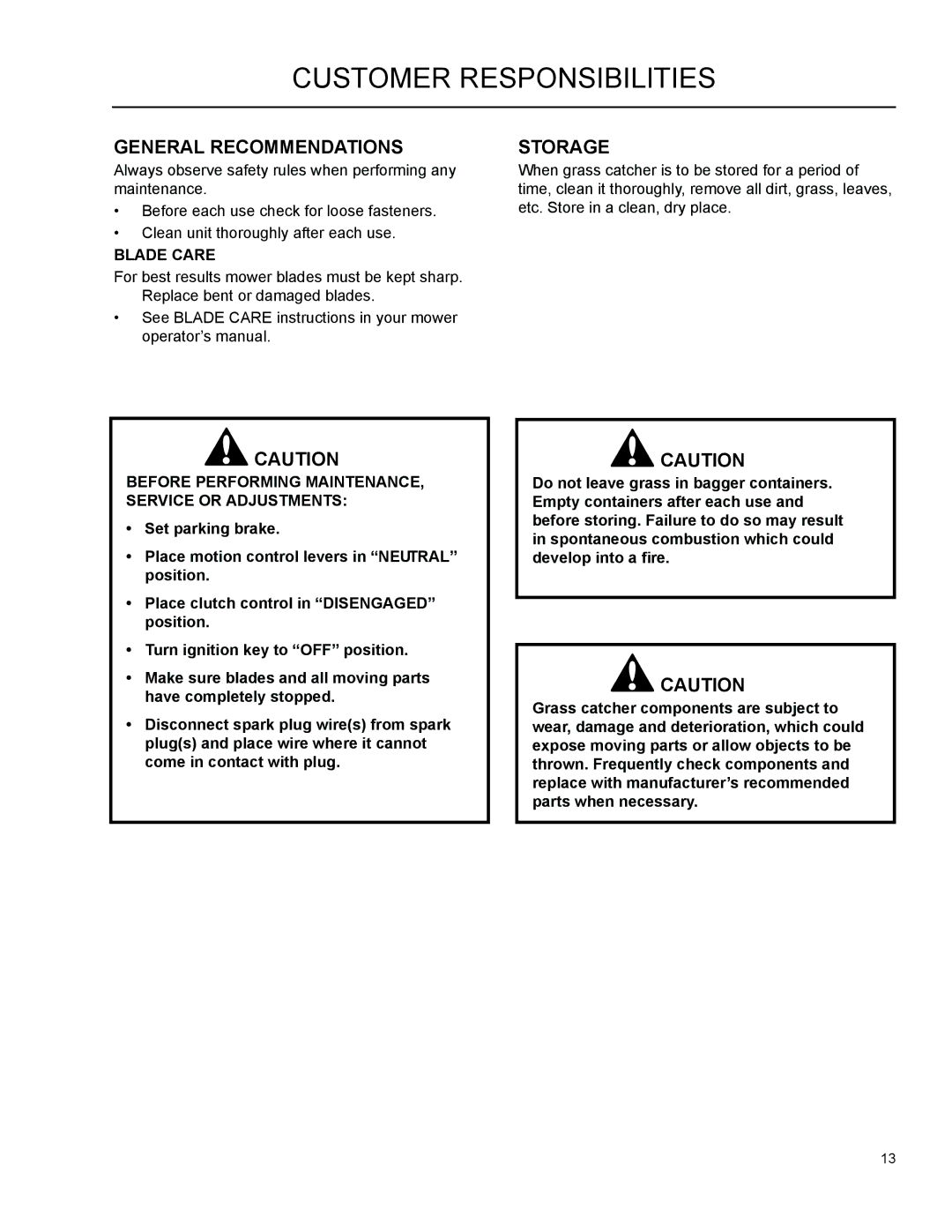 Dixon 966004101 manual Customer Responsibilities, General Recommendations, Storage 