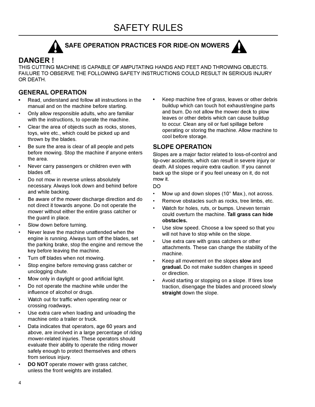 Dixon 966004101 manual Safety Rules, Safe Operation Practices for RIDE-ON Mowers, General Operation, Slope Operation 