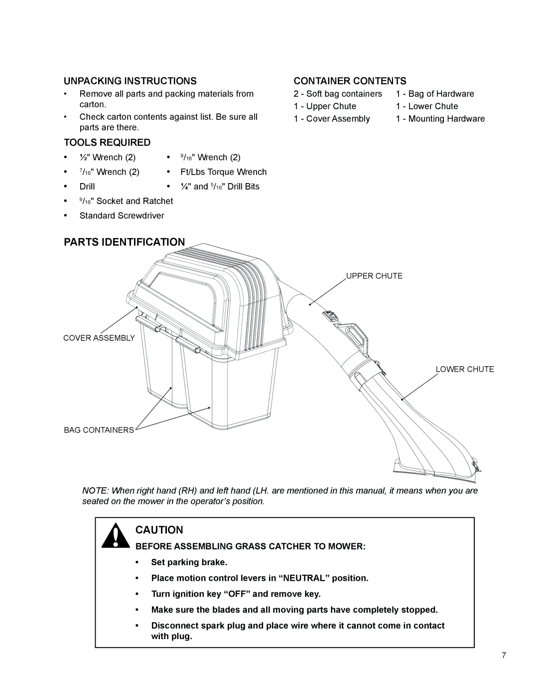 Dixon 966004101 manual Parts Identification, Unpacking Instructions, Container Contents, Tools Required 