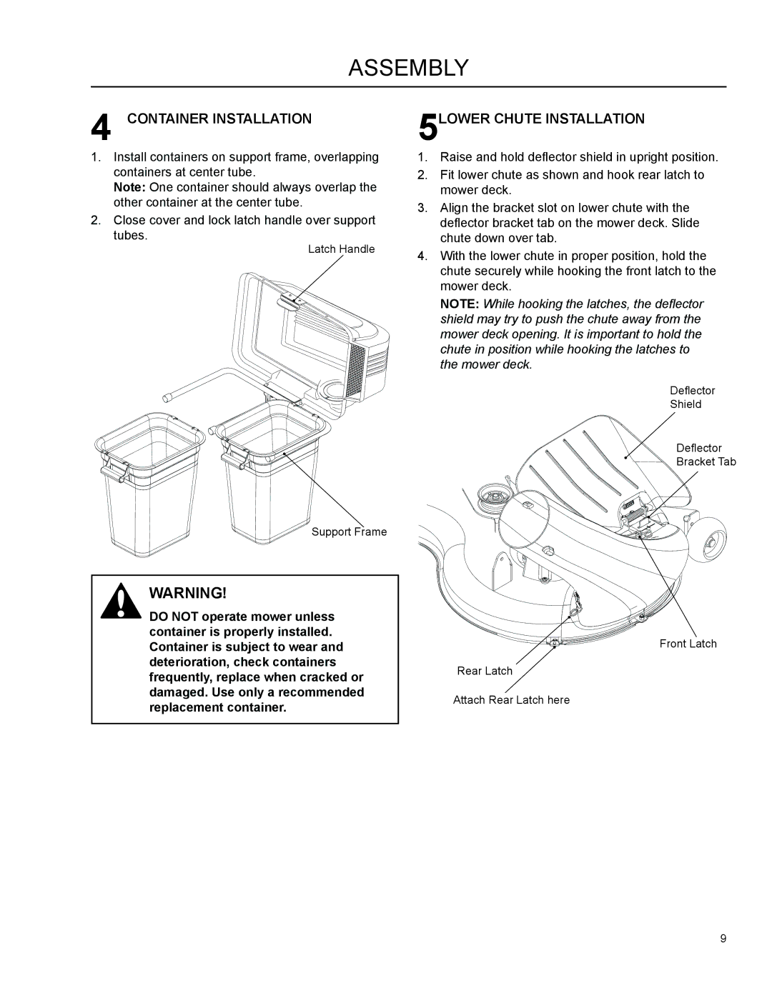 Dixon 966004101 manual Container Installation, 5LOWER Chute Installation 