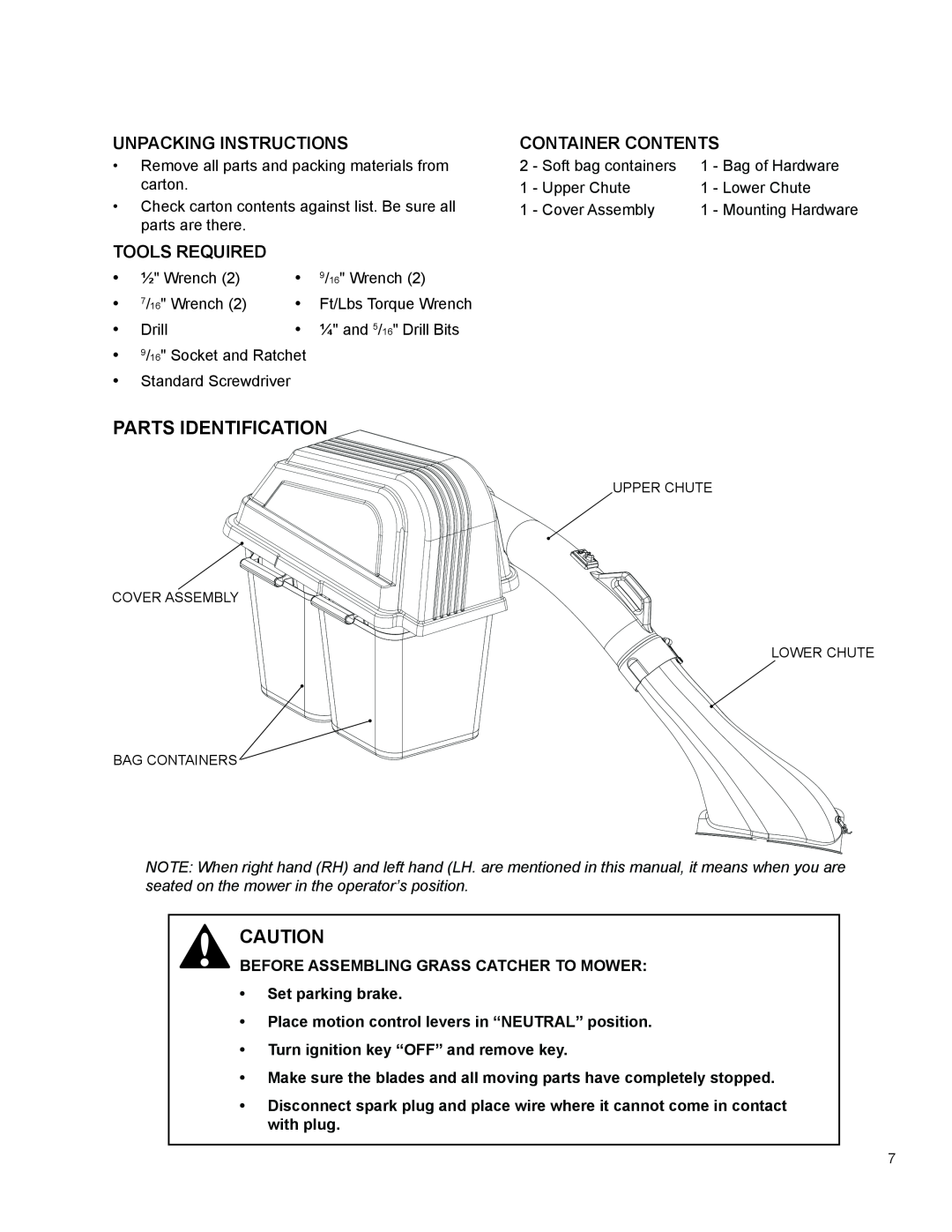 Dixon 966004101 manual Parts Identification, Unpacking Instructions, Container Contents, Tools Required 