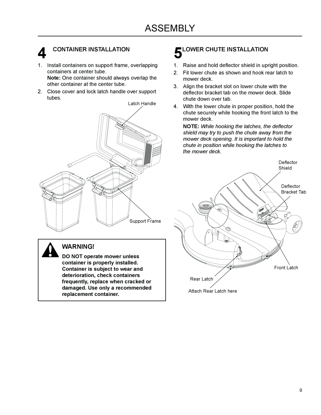 Dixon 966004101 manual Container Installation, 5LOWER CHUTE INSTALLATION, Assembly 