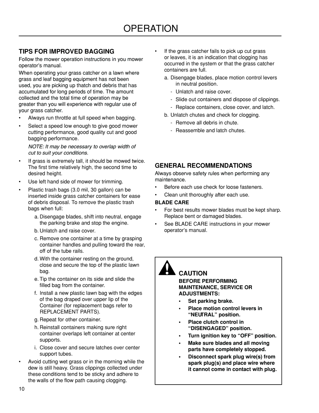 Dixon 966412801, 115 239947 manual Operation, Tips for Improved Bagging 