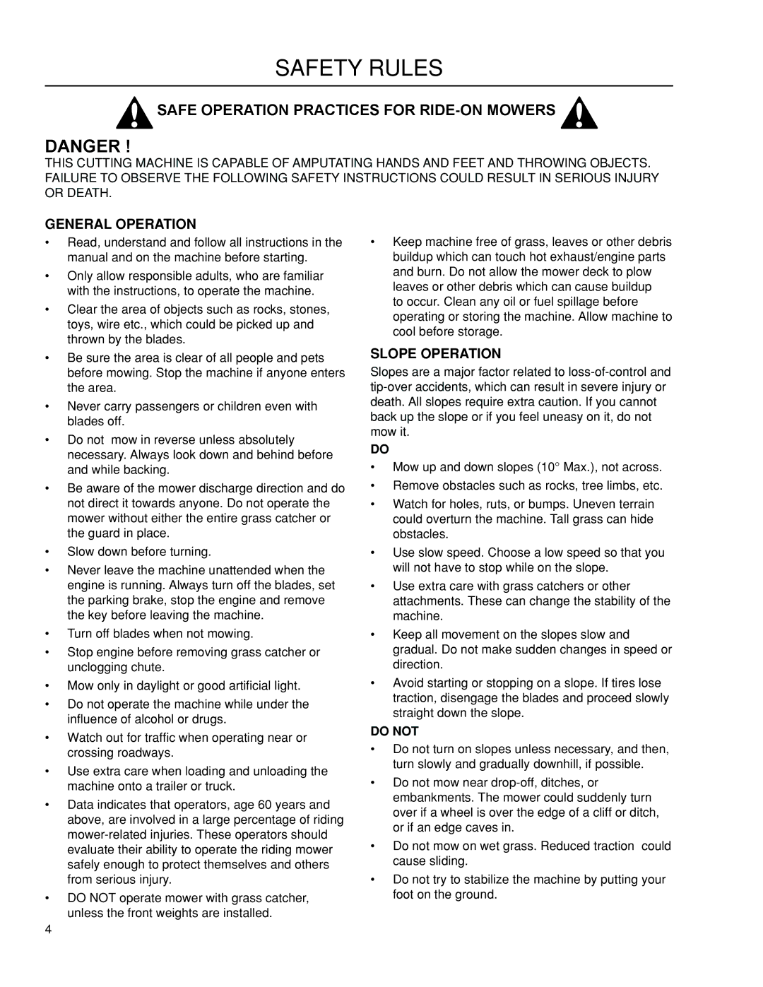 Dixon 966412801, 115 239947 manual Safety Rules, General Operation, Slope Operation 