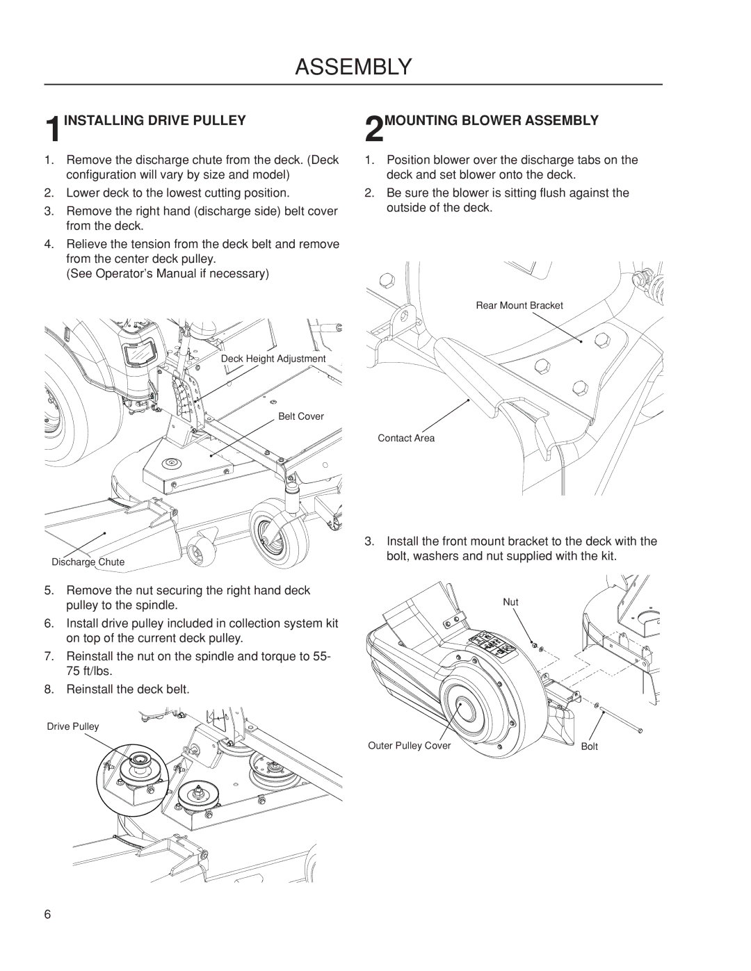 Dixon 966412801, 115 239947 manual 1INSTALLING Drive Pulley, 2MOUNTING Blower Assembly 