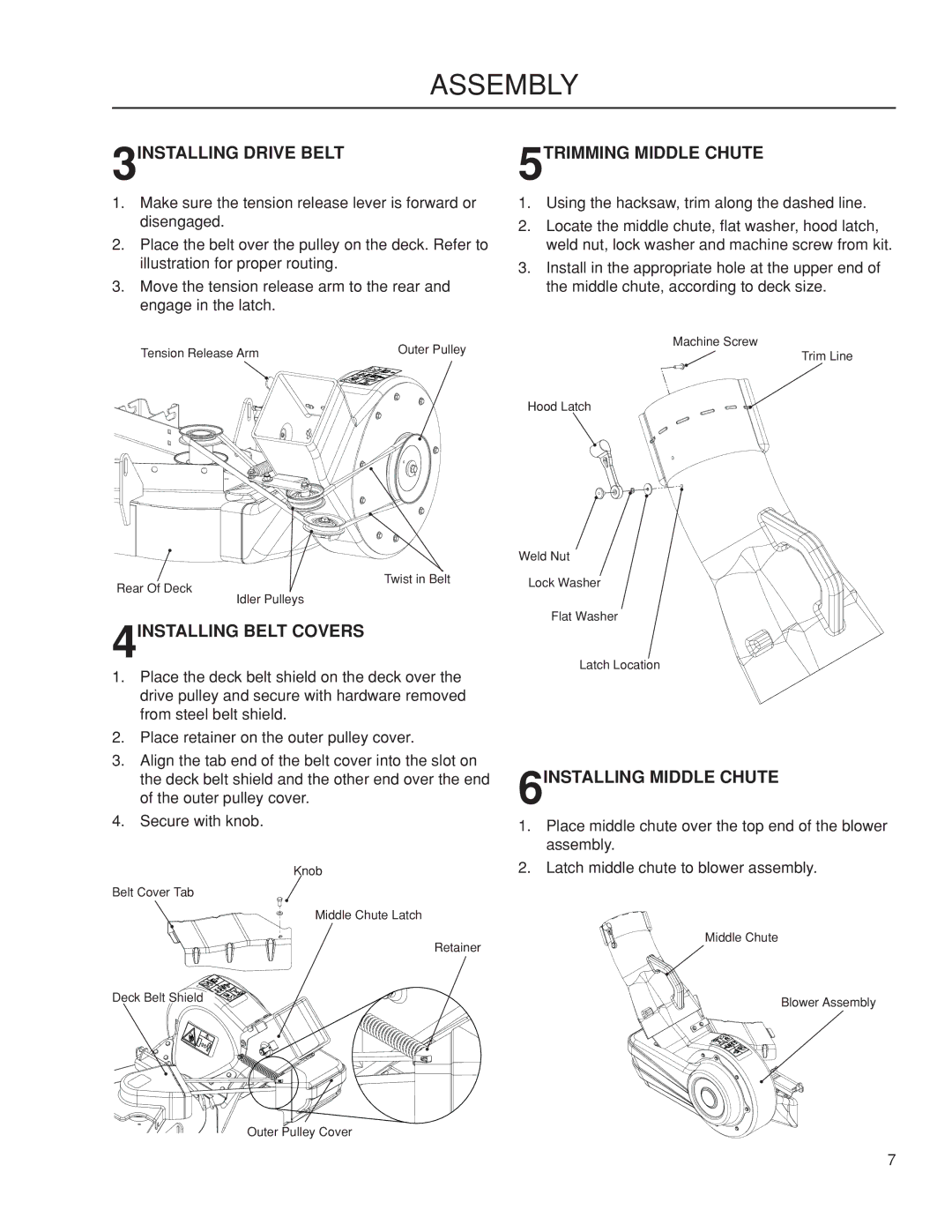 Dixon 115 239947 manual 3INSTALLING Drive Belt, 5TRIMMING Middle Chute, 4INSTALLING Belt Covers, 6INSTALLING Middle Chute 