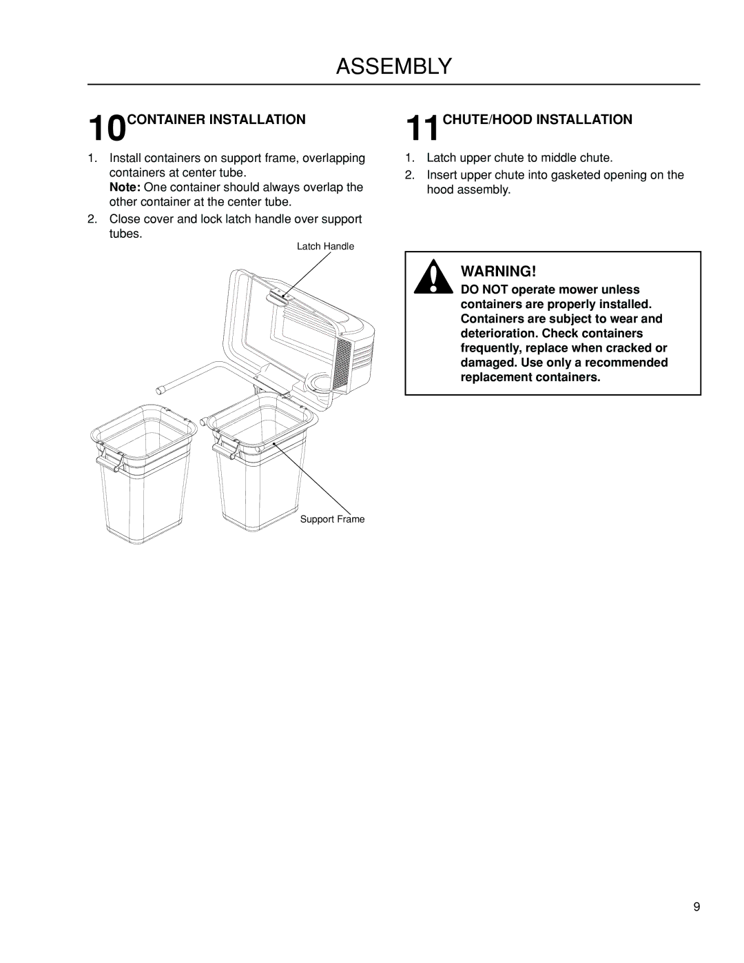 Dixon 115 239947, 966412801 manual 10CONTAINER Installation, 11CHUTE/HOOD Installation 