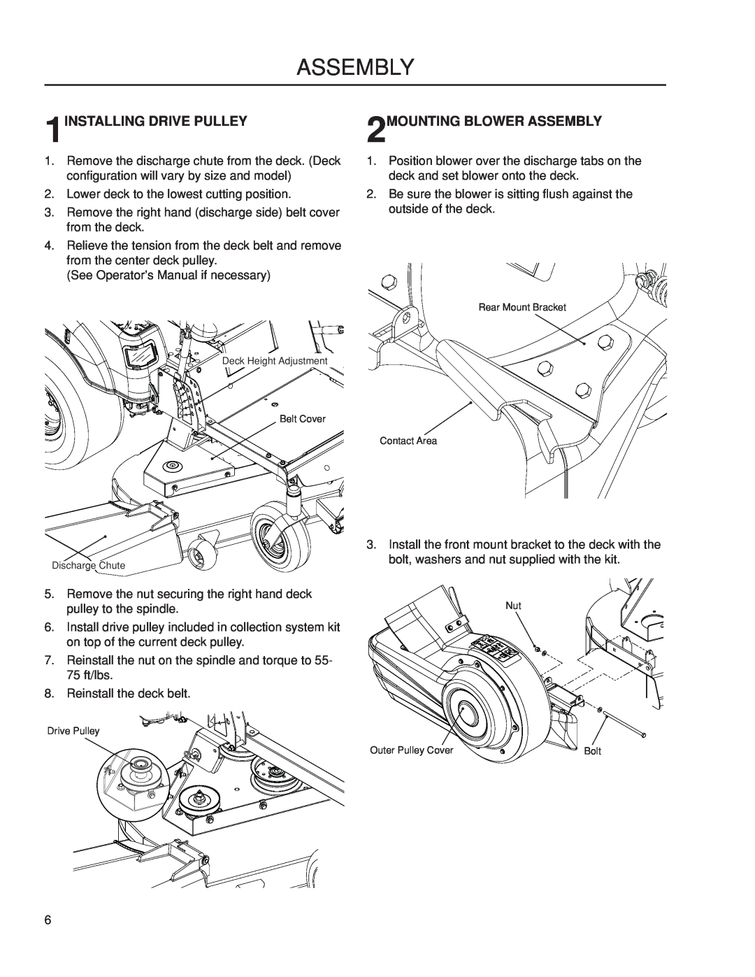 Dixon 966412801, 115 239947 manual Assembly, 1INSTALLING DRIVE PULLEY, 2MOUNTING BLOWER ASSEMBLY 