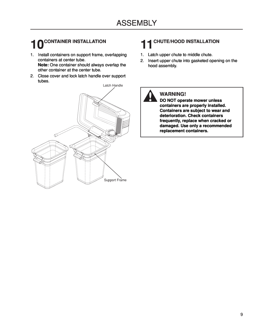 Dixon 115 239947, 966412801 manual 10CONTAINER INSTALLATION, 11CHUTE/HOOD INSTALLATION, Assembly 