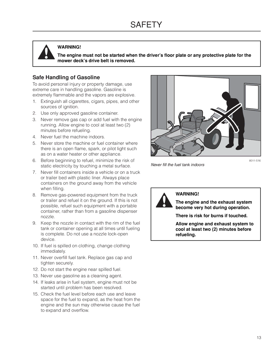 Dixon 966494901 manual Safe Handling of Gasoline 