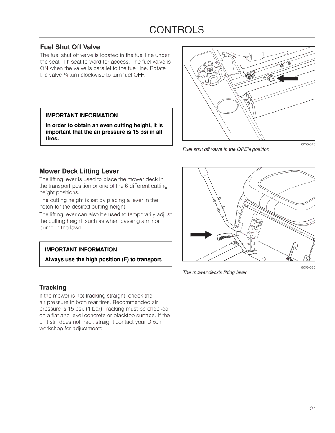 Dixon 966494901 manual Fuel Shut Off Valve, Mower Deck Lifting Lever, Tracking, Always use the high position F to transport 