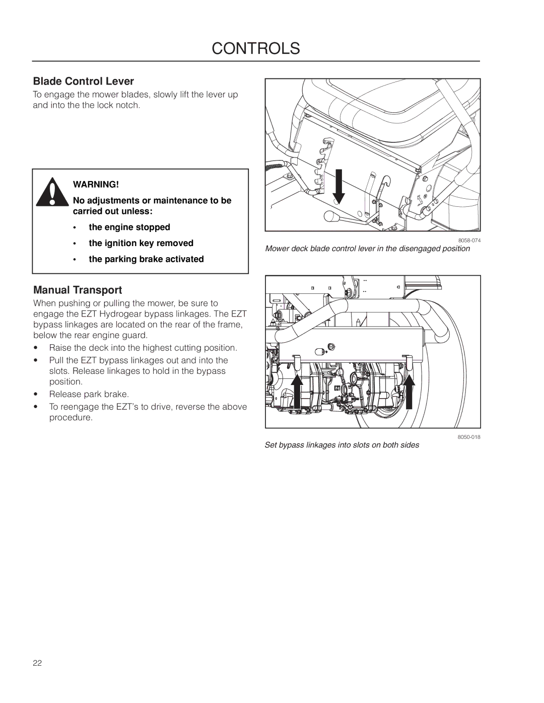 Dixon 966494901 manual Blade Control Lever, Manual Transport 