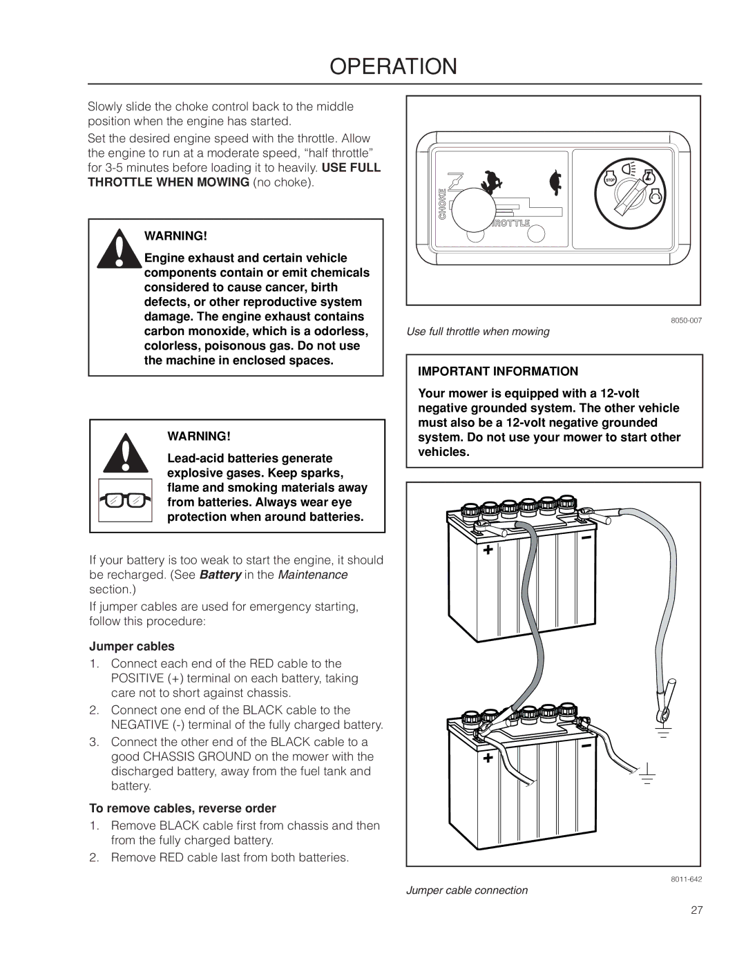 Dixon 966494901 manual Jumper cables, To remove cables, reverse order 