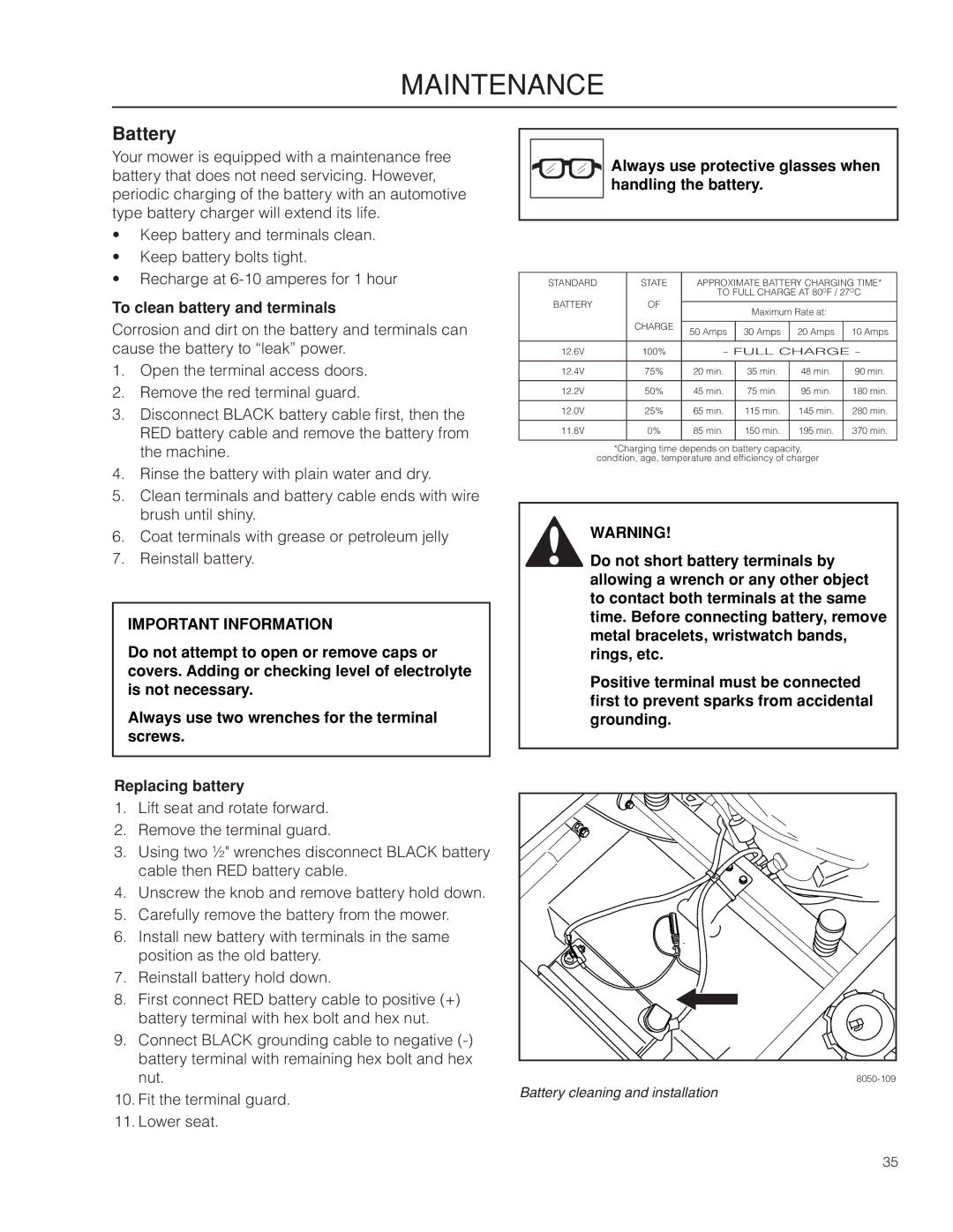 Dixon 966494901 manual Battery, To clean battery and terminals, Always use protective glasses when handling the battery 