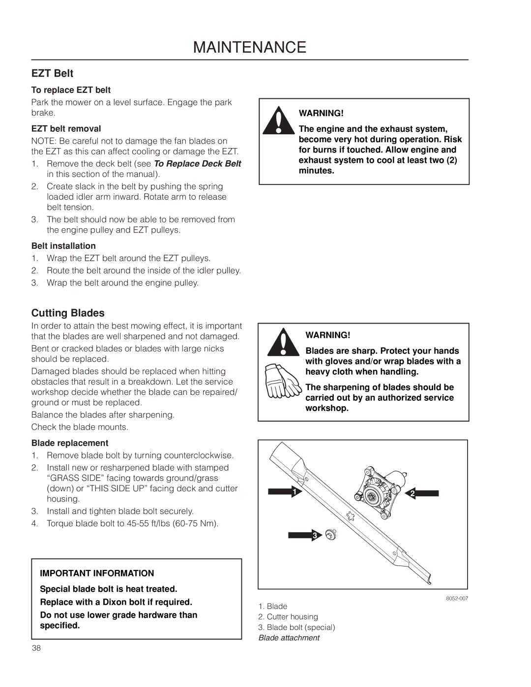 Dixon 966494901 manual EZT Belt, Cutting Blades 