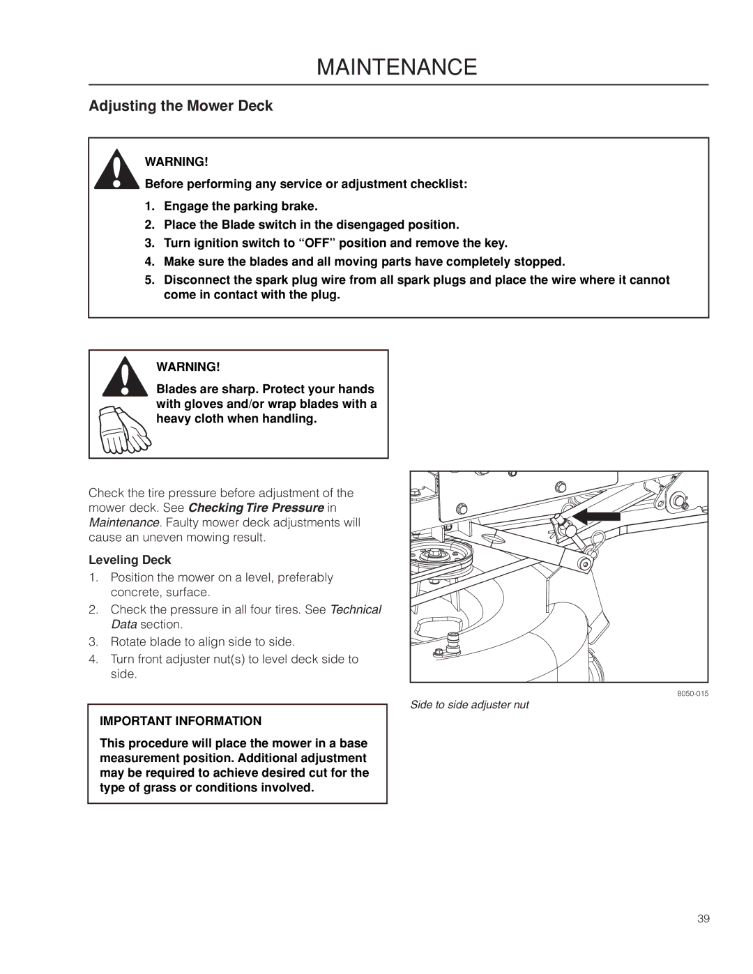 Dixon 966494901 manual Adjusting the Mower Deck, Leveling Deck 