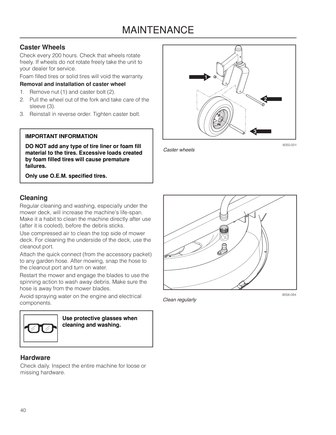 Dixon 966494901 manual Caster Wheels, Cleaning, Hardware, Removal and installation of caster wheel 