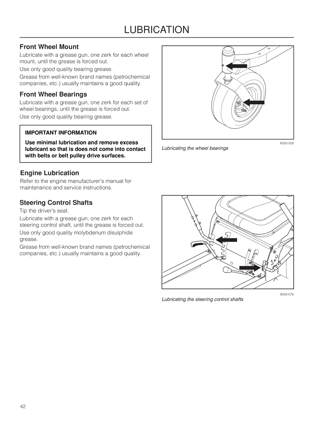 Dixon 966494901 manual Front Wheel Mount, Front Wheel Bearings, Engine Lubrication, Steering Control Shafts 