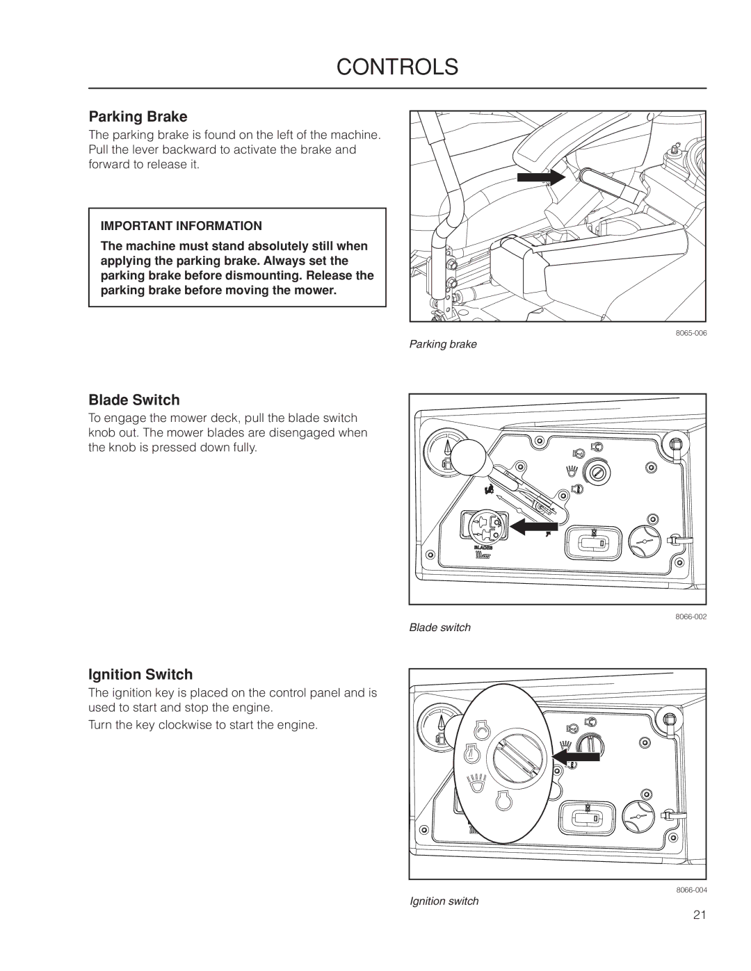 Dixon 966516701, 966516702, 966516601, 966516602, 6029FX BF, 7234FX BF manual Parking Brake, Blade Switch, Ignition Switch 