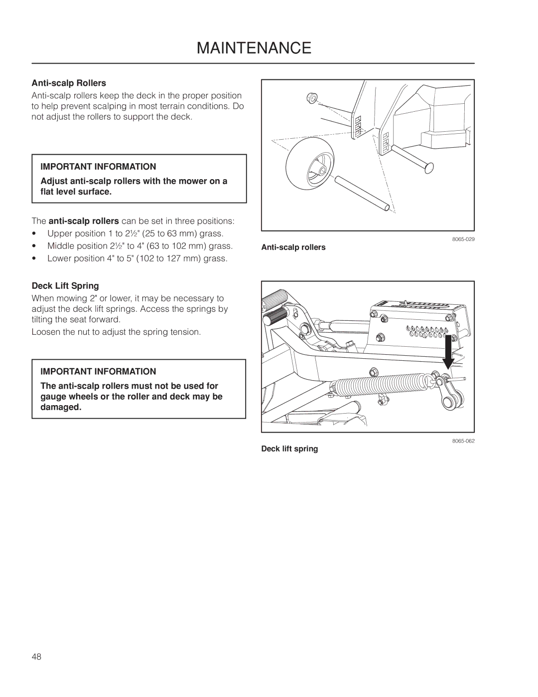 Dixon 966516702, 966516601, 966516602, 6029FX BF, 966516701, 7234FX BF manual Anti-scalp Rollers, Deck Lift Spring 