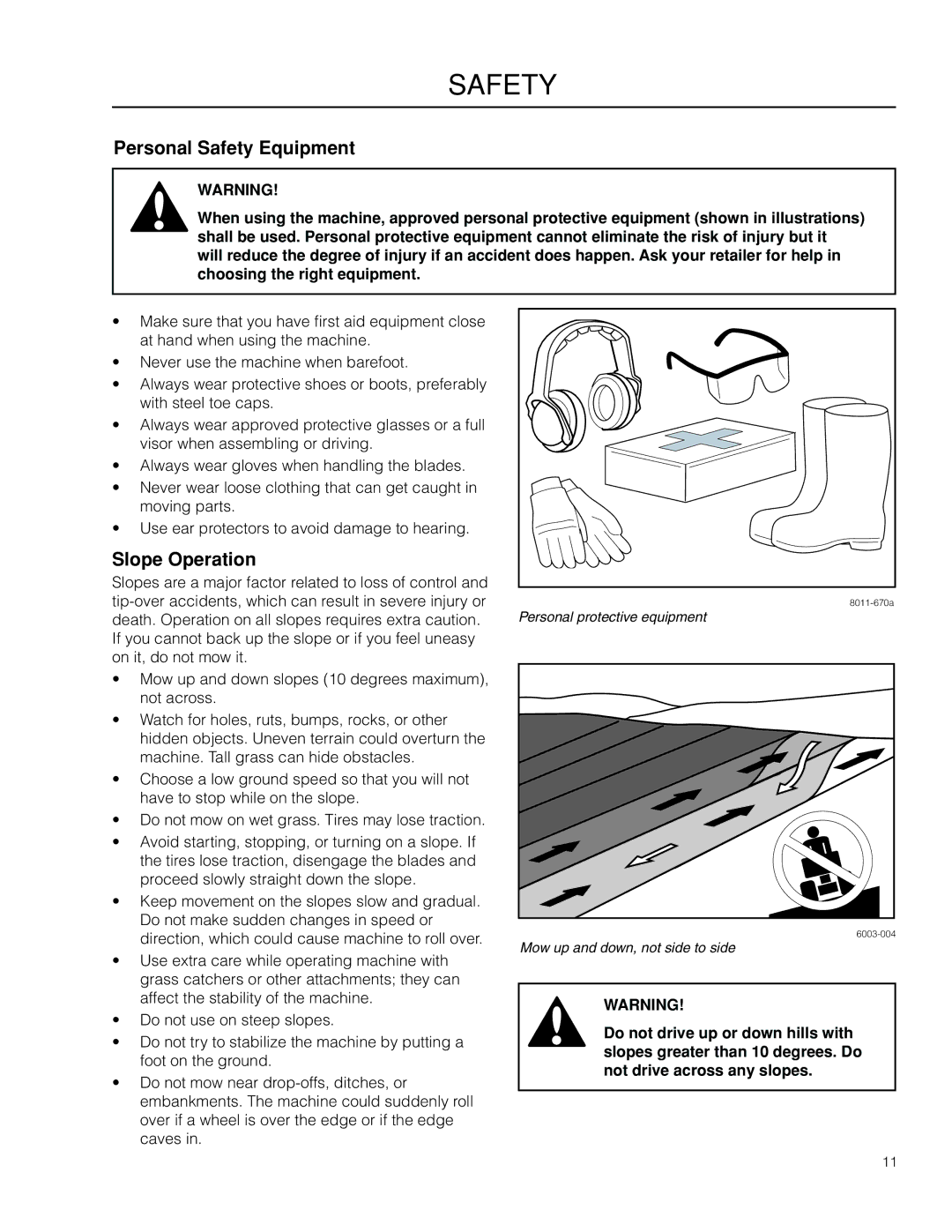 Dixon 966985401, 966985402 manual Personal Safety Equipment, Slope Operation 