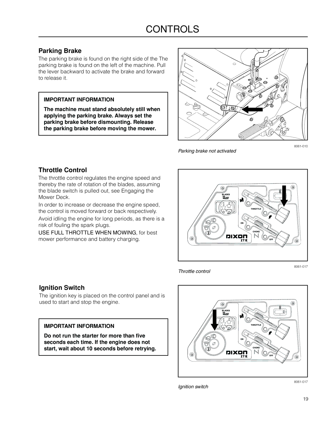 Dixon 966985401, 966985402 manual Parking Brake, Throttle Control, Ignition Switch 