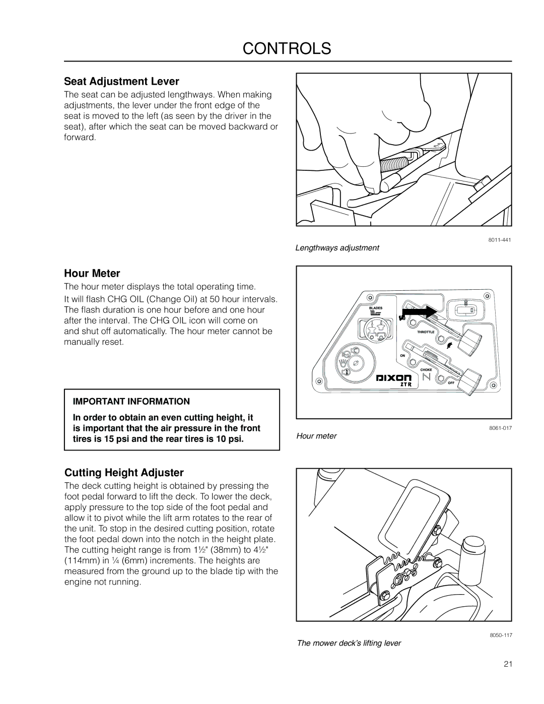 Dixon 966985401, 966985402 manual Seat Adjustment Lever, Hour Meter, Cutting Height Adjuster 