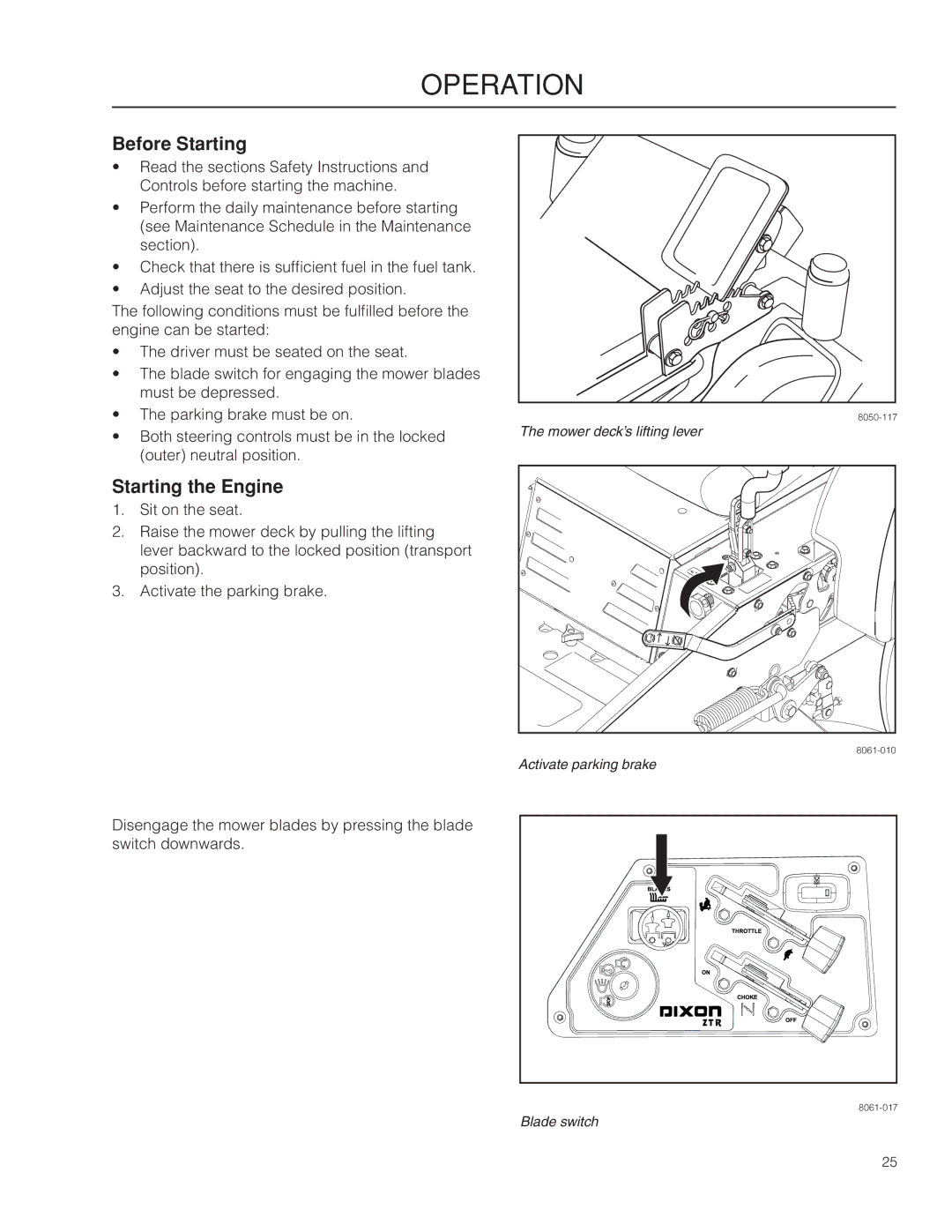 Dixon 966985401, 966985402 manual Before Starting, Starting the Engine 