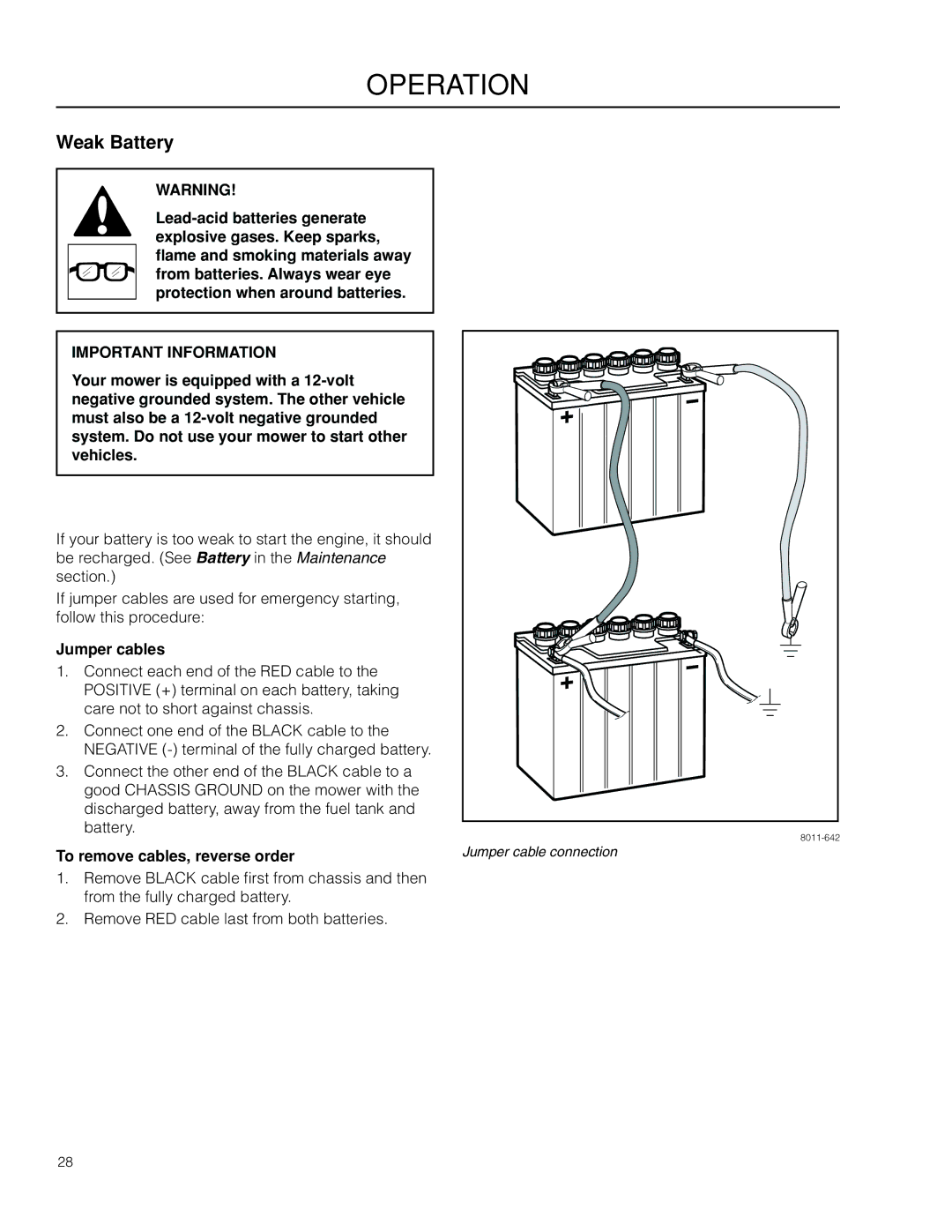 Dixon 966985402, 966985401 manual Weak Battery, Jumper cables, To remove cables, reverse order 