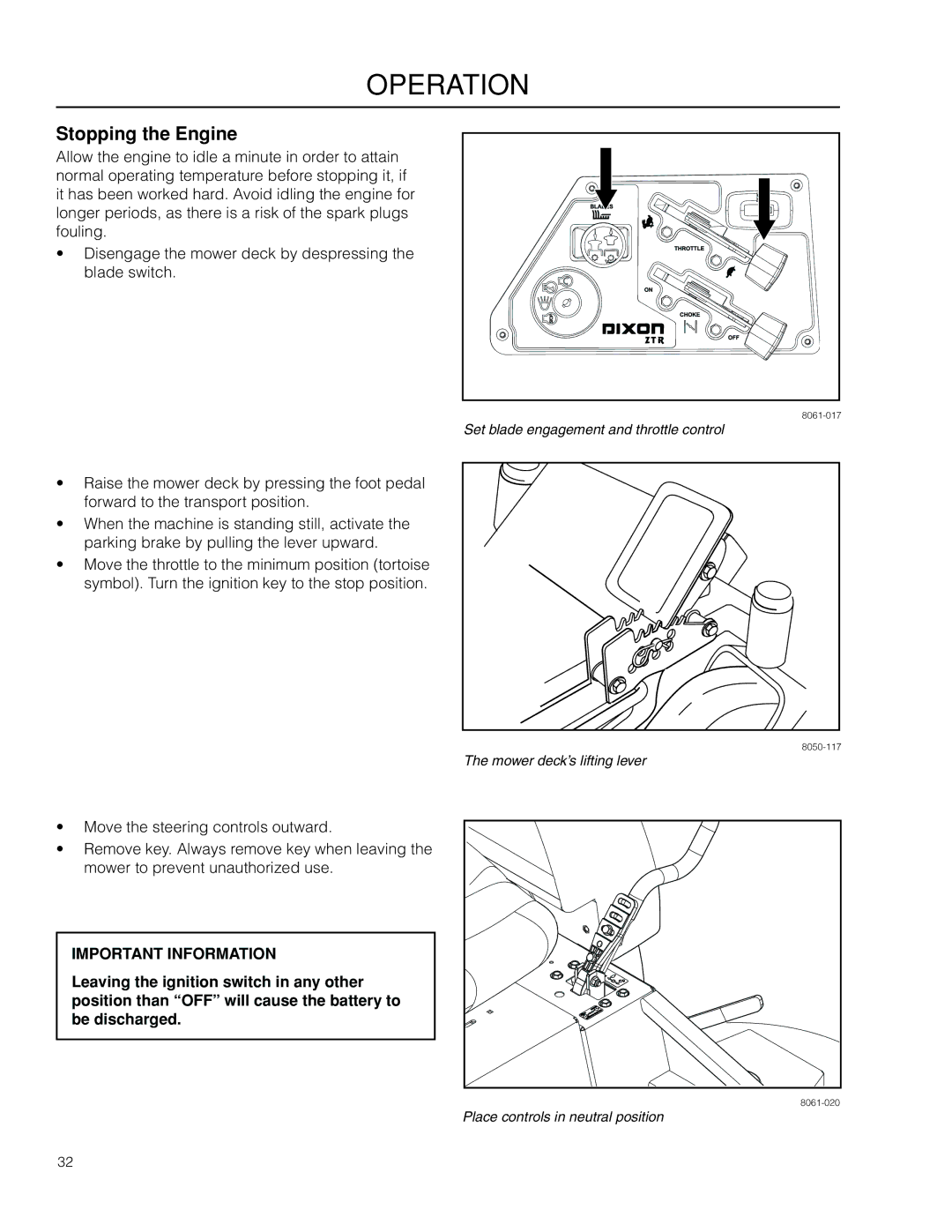 Dixon 966985402, 966985401 manual Stopping the Engine 