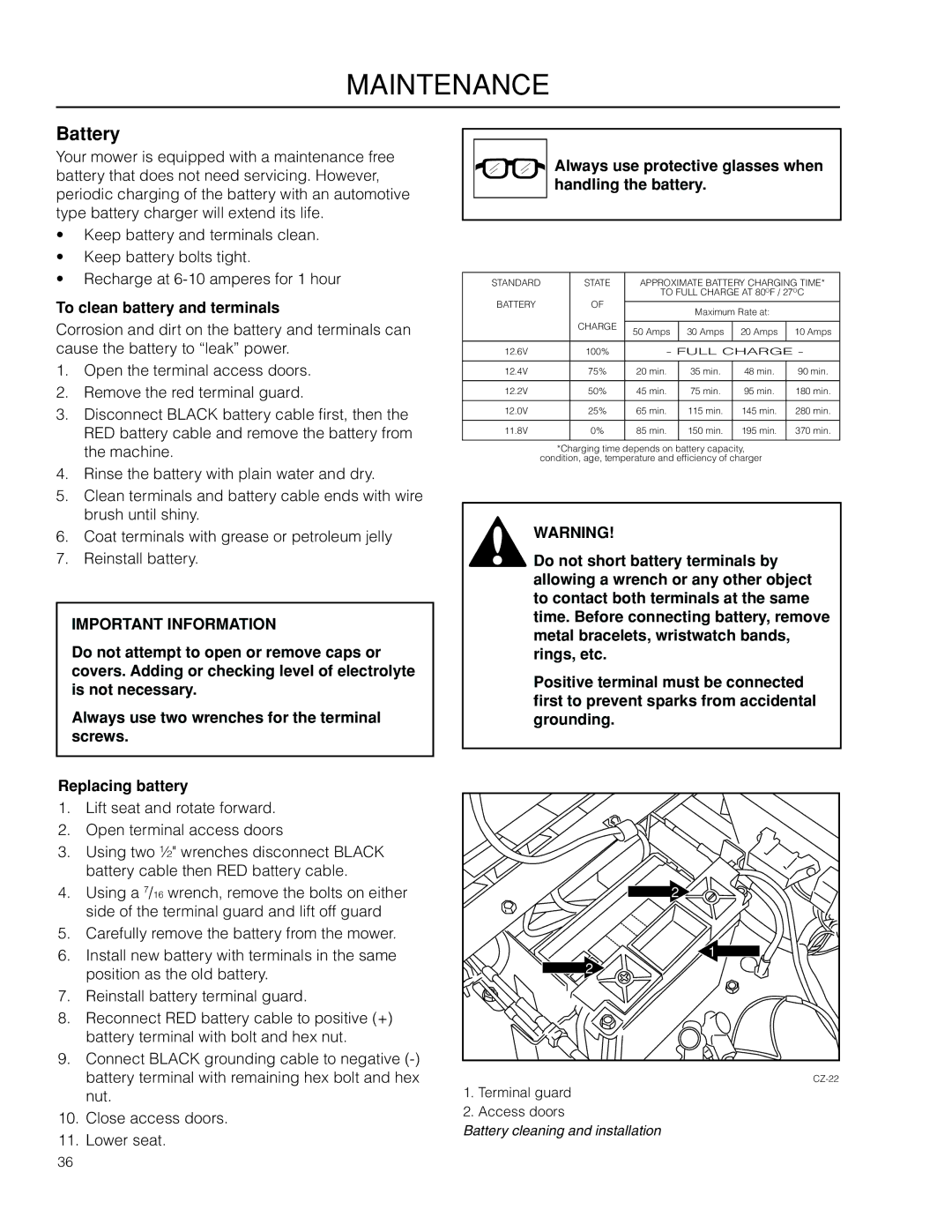 Dixon 966985402 manual Battery, To clean battery and terminals, Always use protective glasses when handling the battery 