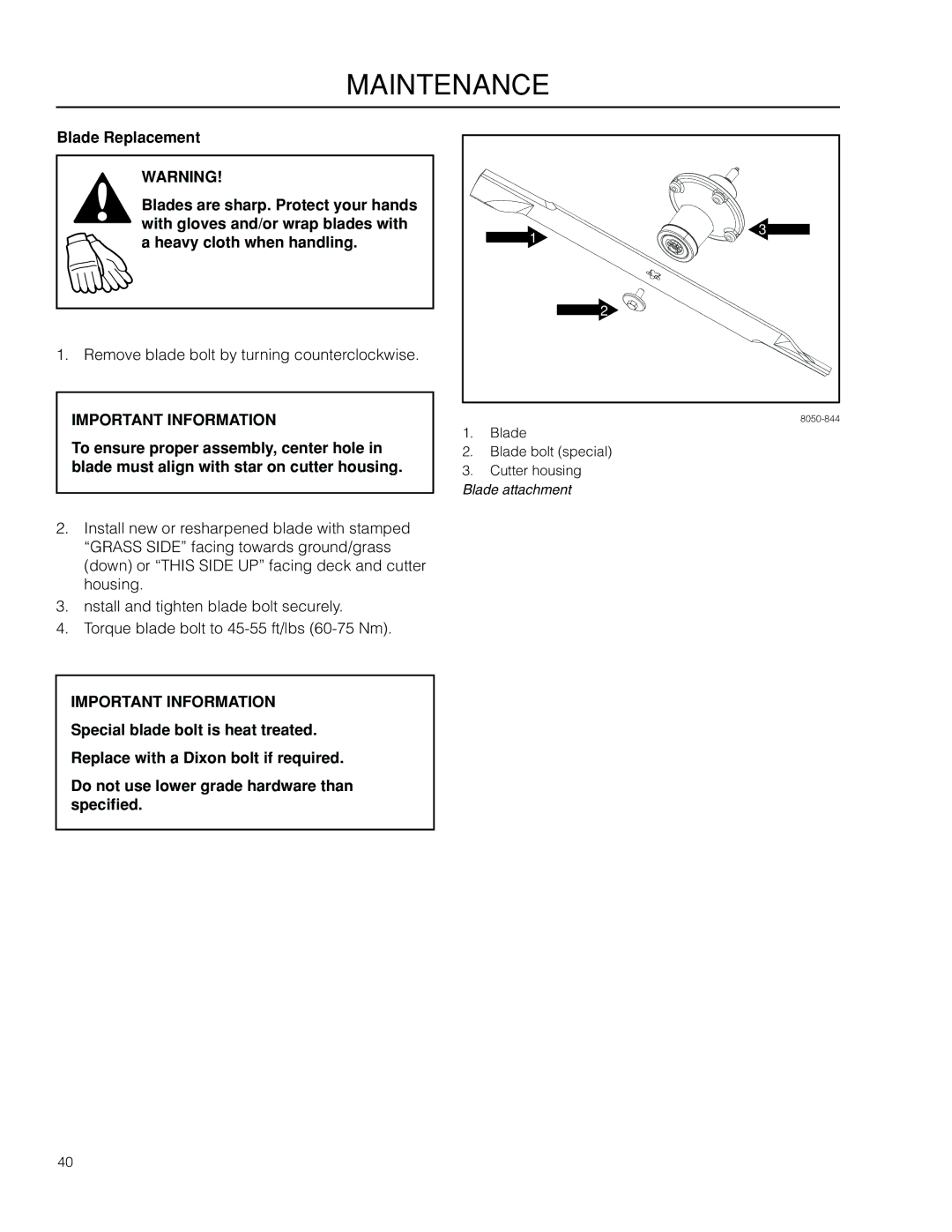 Dixon 966985402, 966985401 manual Remove blade bolt by turning counterclockwise 