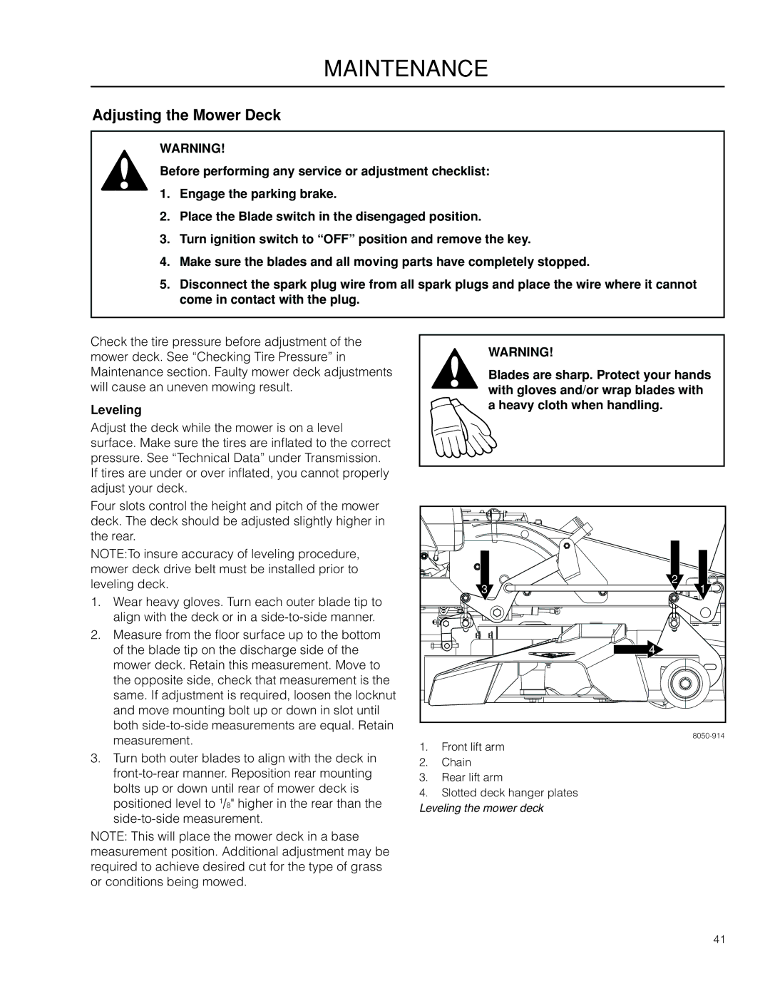 Dixon 966985401, 966985402 manual Adjusting the Mower Deck, Leveling 