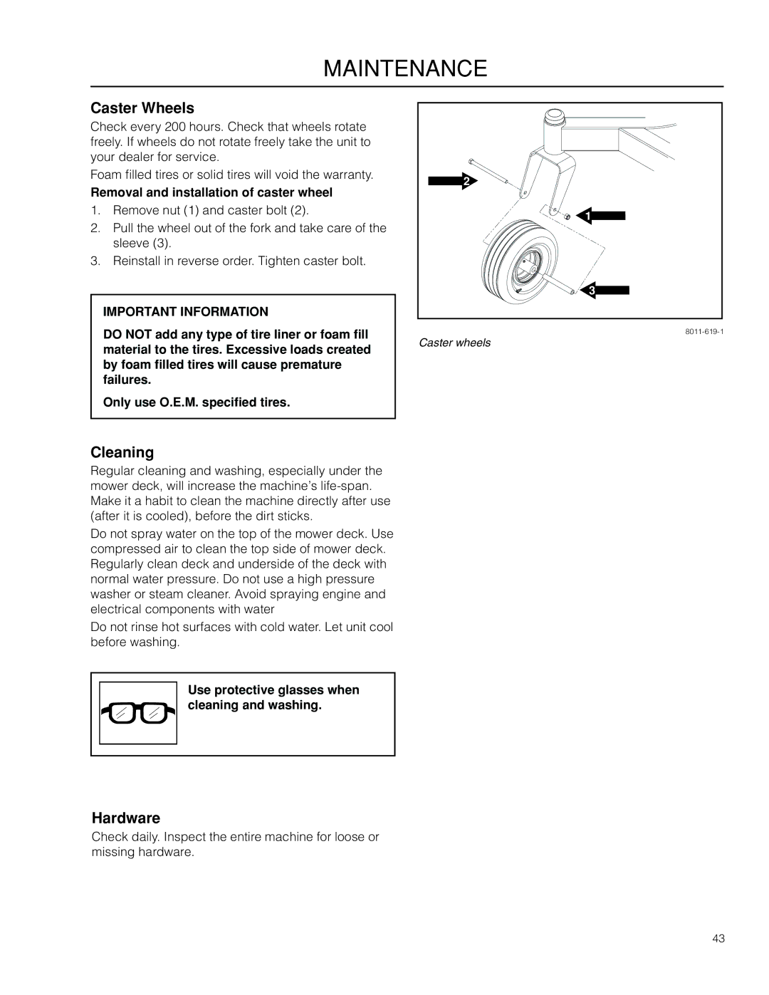 Dixon 966985401, 966985402 manual Caster Wheels, Cleaning, Hardware, Removal and installation of caster wheel 