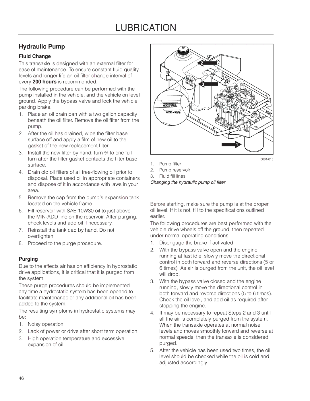 Dixon 966985402, 966985401 manual Hydraulic Pump, Fluid Change, Purging 