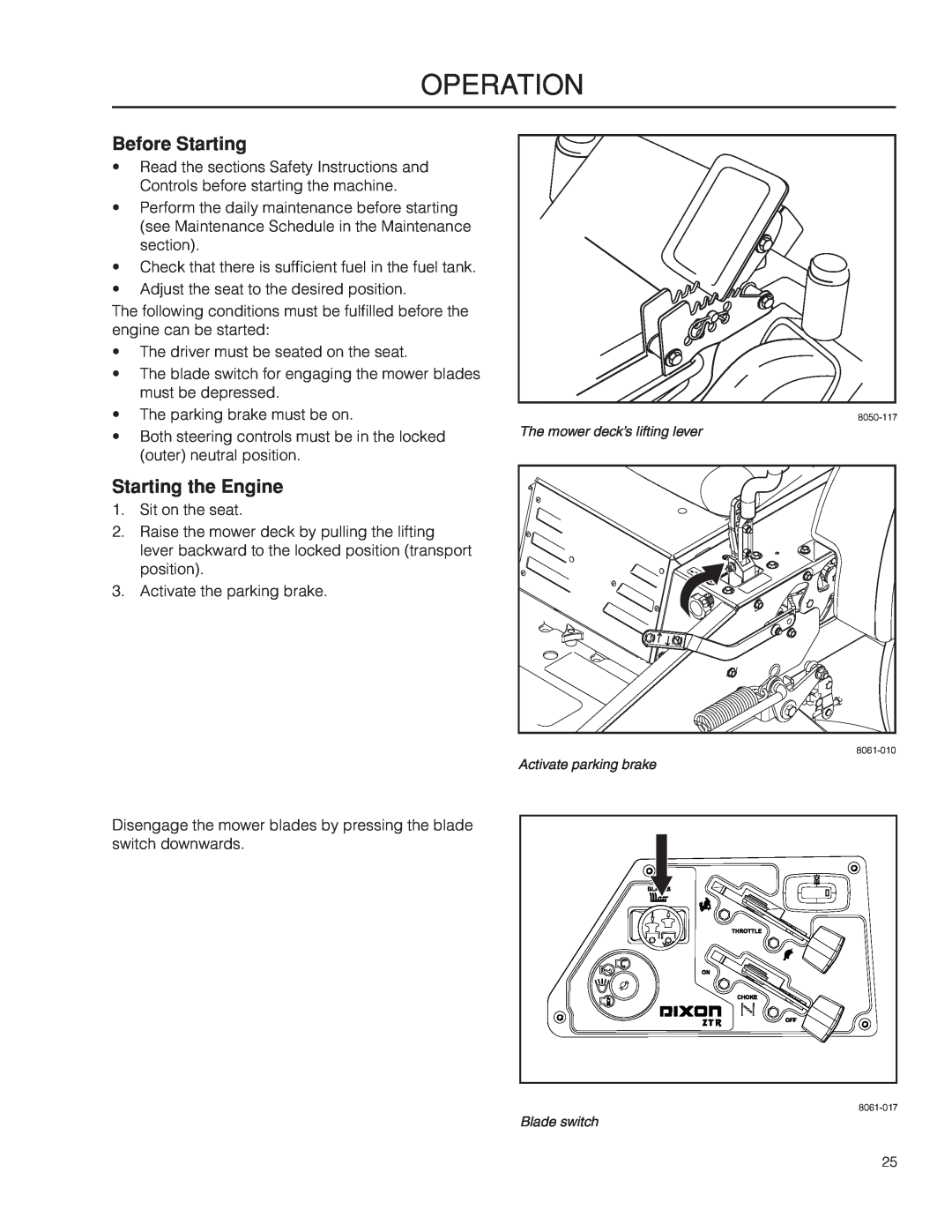 Dixon 966985401, 966985402 manual Before Starting, Starting the Engine, operation 