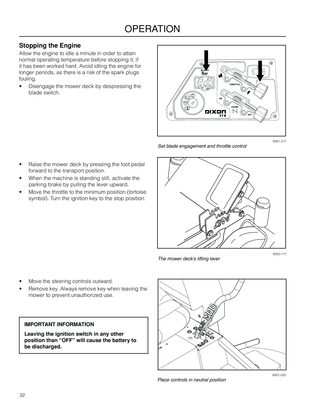 Dixon 966985402, 966985401 manual Stopping the Engine, operation, Important Information 