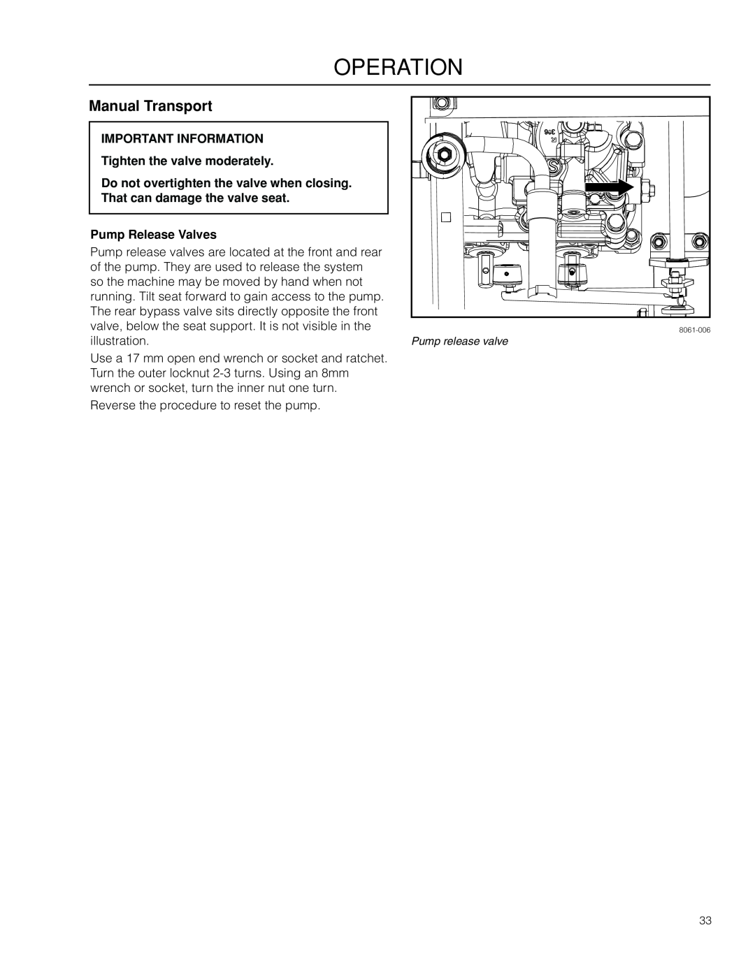 Dixon 966985401 manual Manual Transport, IMPORTANT INFORMATION Tighten the valve moderately, Pump Release Valves, operation 