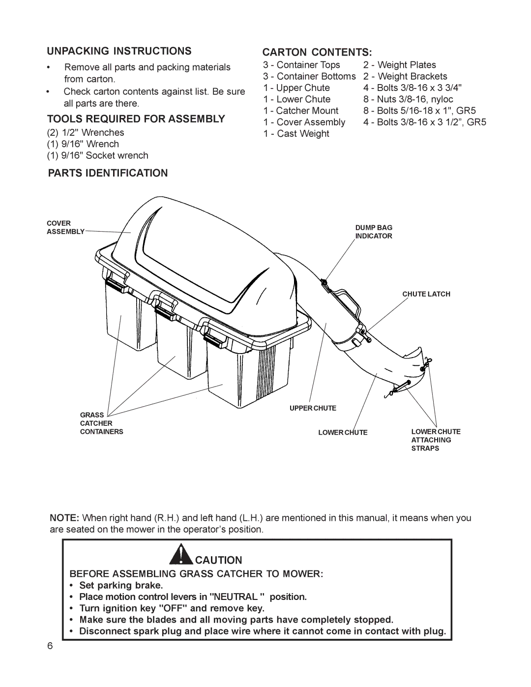 Dixon 968999515 manual Unpacking Instructions, Tools Required for Assembly, Carton Contents, Parts Identification 