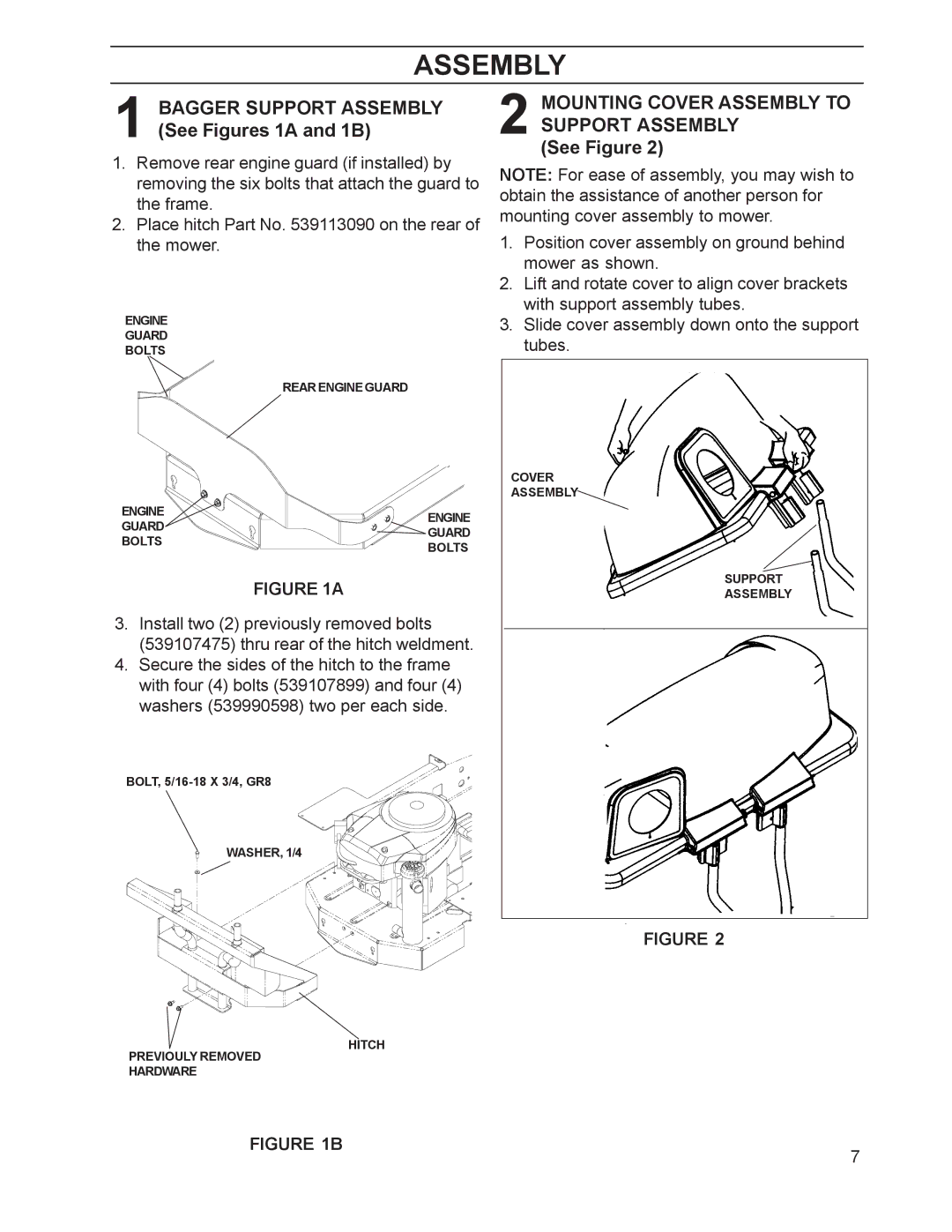 Dixon 968999515 manual Mounting Cover Assembly to Support Assembly, Bagger Support Assembly See Figures 1A and 1B 